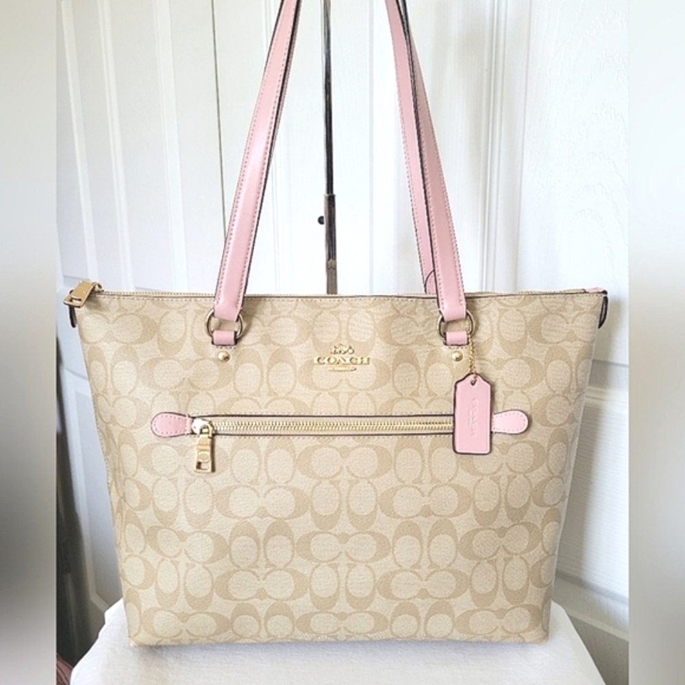 Coach Gallery Tote Bag Lt Khaki / Pink with Signature Monogram